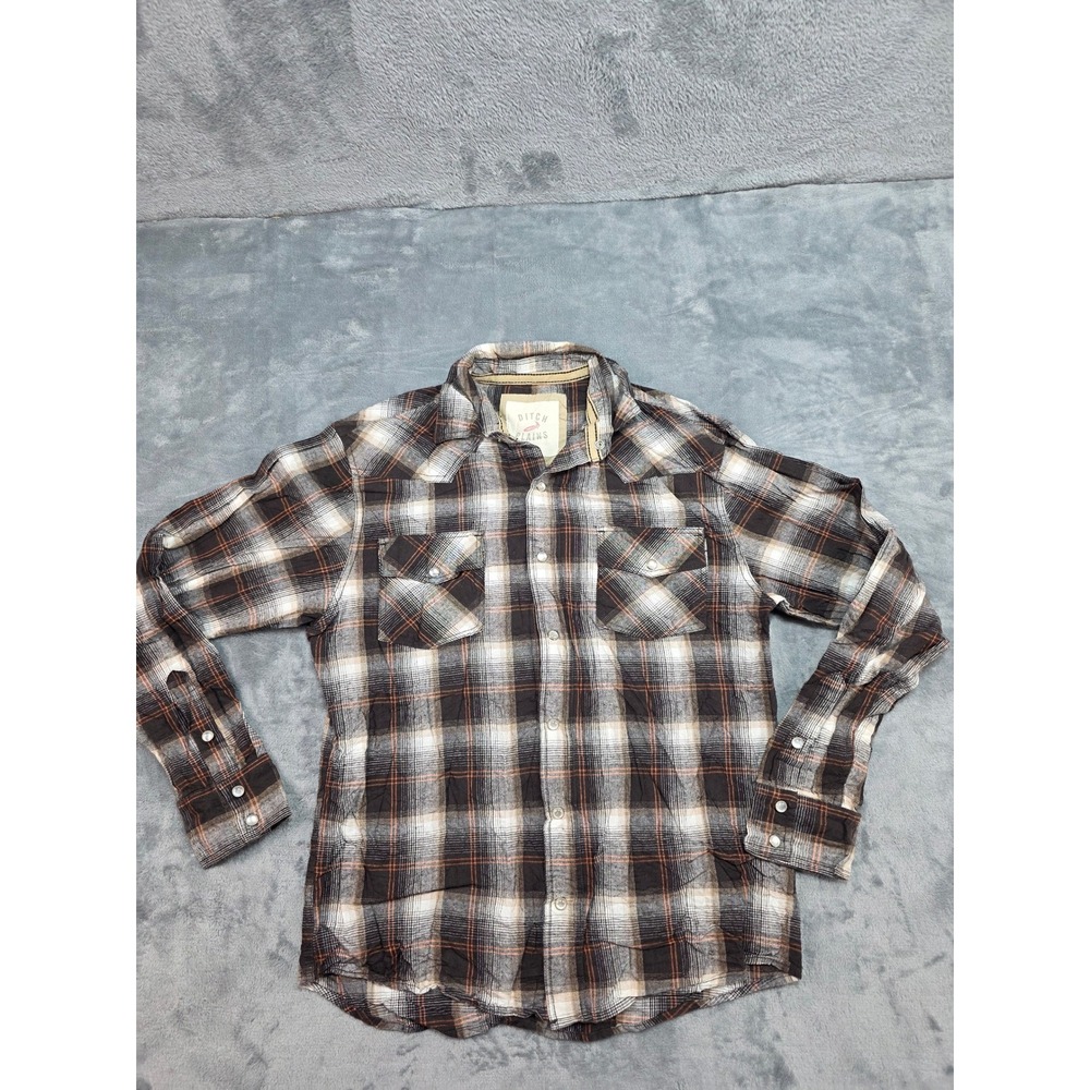 Ditch Plains Mens Plaid Western Pearl‎ Snap Shirt Brown White Orange Size Medium